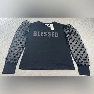 NWT Blessed Polka Dot Mesh Sleeve Top - Black